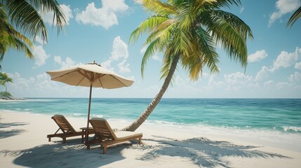 Fototapeta premium Two wooden sun loungers rest under fabric umbrella on breathtaking tropical island. Tall palm tree spreads its lush leaves nearby. Sun loungers overlook crystal-clear waters, ocean waves kiss shore
