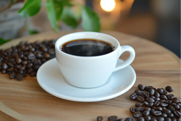 A white cup of steaming coffee placed on a saucer, surrounded by a pile of coffee beans
