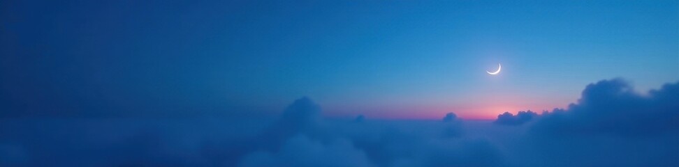 Misty blue twilight sky, crescent moon hangs low, universe, tranquil, mist