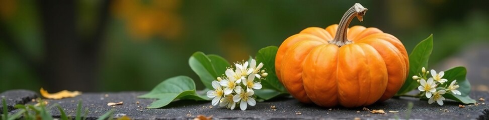 Orange pumpkin with delicate white flowers and green leaves on a rustic stone surface, gourd, orange color, autumn