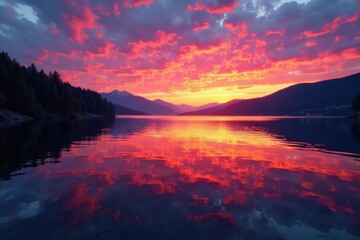 Lake Superior sunset, vibrant colors reflected on the water , serene, colors, golden hour