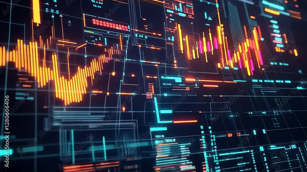 Poster Glowing abstract digital interface with vibrant lines and geometric patterns, Abstract digital interface with glowing lines and geometric shapes depicting data visualization