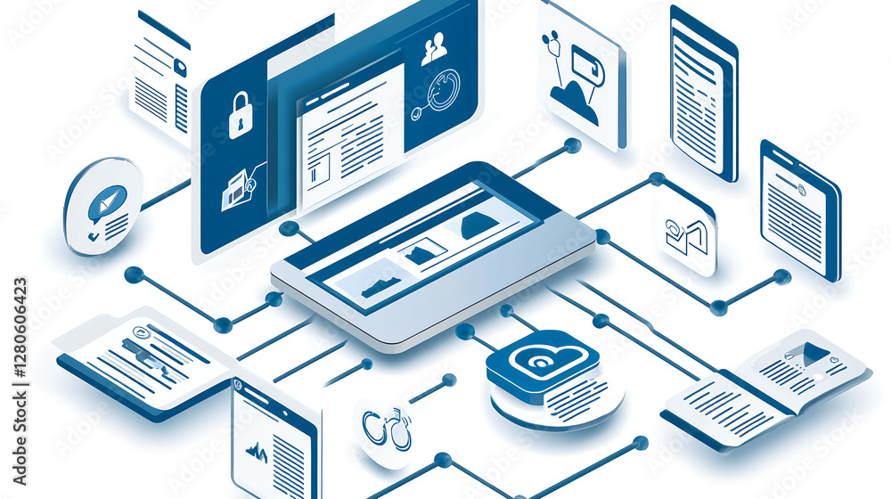 Poster digital data management strategies modern office infographic technology aerial view efficiency and i