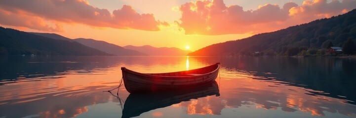 Rustic wooden rowboat floats serenely on calm sunset lake , calm, rowboat