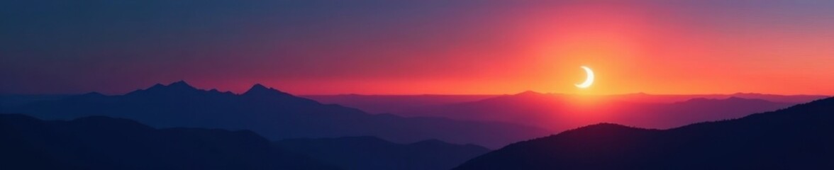 Sharp crescent moon above a dark mountain range at sunset , purple, hills, clouds