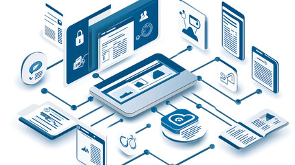 Digital data management strategies modern office infographic technology aerial view efficiency and innovation