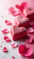 Scattered heart chocolates, rose watercolor wash, delicate petals Alluring Valentine's Day scene , texture, love, valentines day