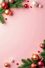 Soft pink cream background with scattered Christmas balls and garlands of greenery, decor, balls