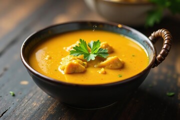 Steaming hot Indian chicken soup topped with a layer of rich golden curry roux, roux, golden, indian