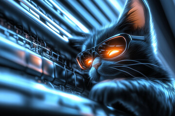 A cyberpunk cat in glasses stands next to a server in neon light background.