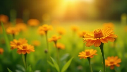 Sunlit calendula flowers, rich orange and gold hues, set against verdant meadow grass , botany, sunlight, composite