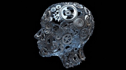 Human head contour filled with interlocking gears and cogs symbolizing concepts of artificial intelligence and creativity. Generative AI