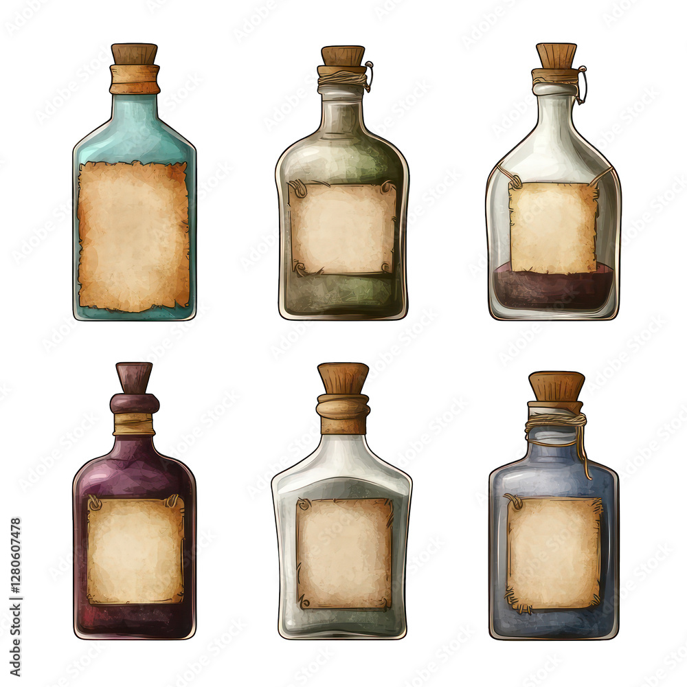 Poster set of empty potion bottles with faded labels isolated on transparent background