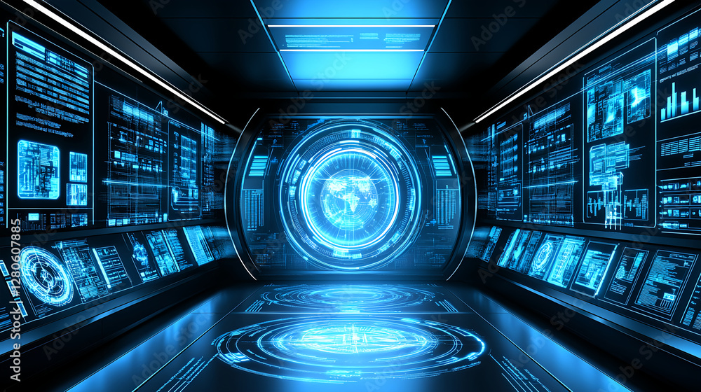 Poster futuristic control room interface virtual lab digital displays high-tech environment immersive viewp