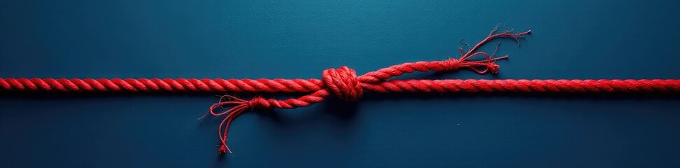 Fototapeta premium A colorful red ribbon tied in a knot on a dark blue background with a few strands hanging loose, sea, rope, rope