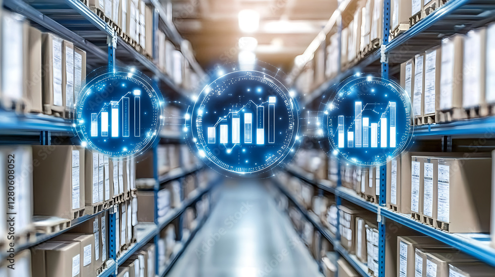 Poster warehouse inventory management modern storage facility digital analytics efficient environment persp