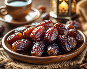 This image features a close-up shot of a cluster of Medjool dates, a variety prized for their large size, soft texture, and rich flavor.