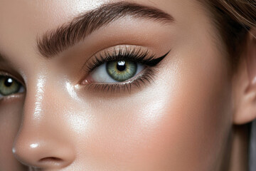 Fototapeta premium A close-up image showcasing the beautiful green eyes of a woman with natural makeup. Ideal for beauty, skincare, or eye care concepts, this high-quality photo emphasizes elegance and allure