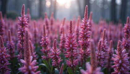 Fototapeta premium Pink wildflowers in a misty forest at sunrise