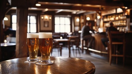 Alcohol consumption at a traditional pub with ale and rustic décor. Featuring comfort and heritage