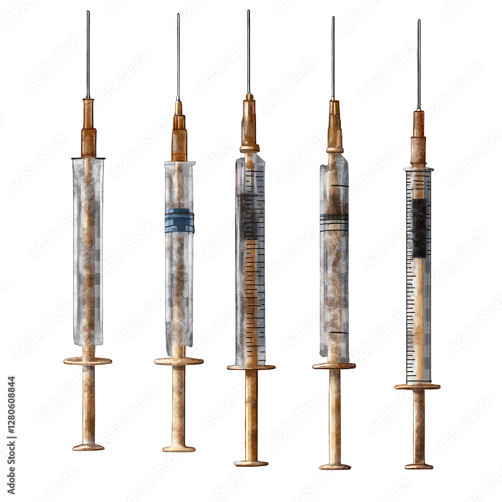 Poster set of old rusty syringes isolated on transparent background
