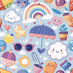 Whimsical Daydream: A seamless pattern filled with charming, colorful illustrations of rainbows, umbrellas, and happy clouds, evoking a sense of joy, playful atmosphere and childlike wonder.