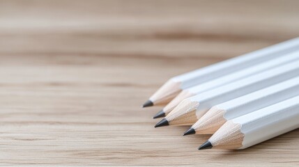 Obraz premium White pencils on wooden desk, creativity concept
