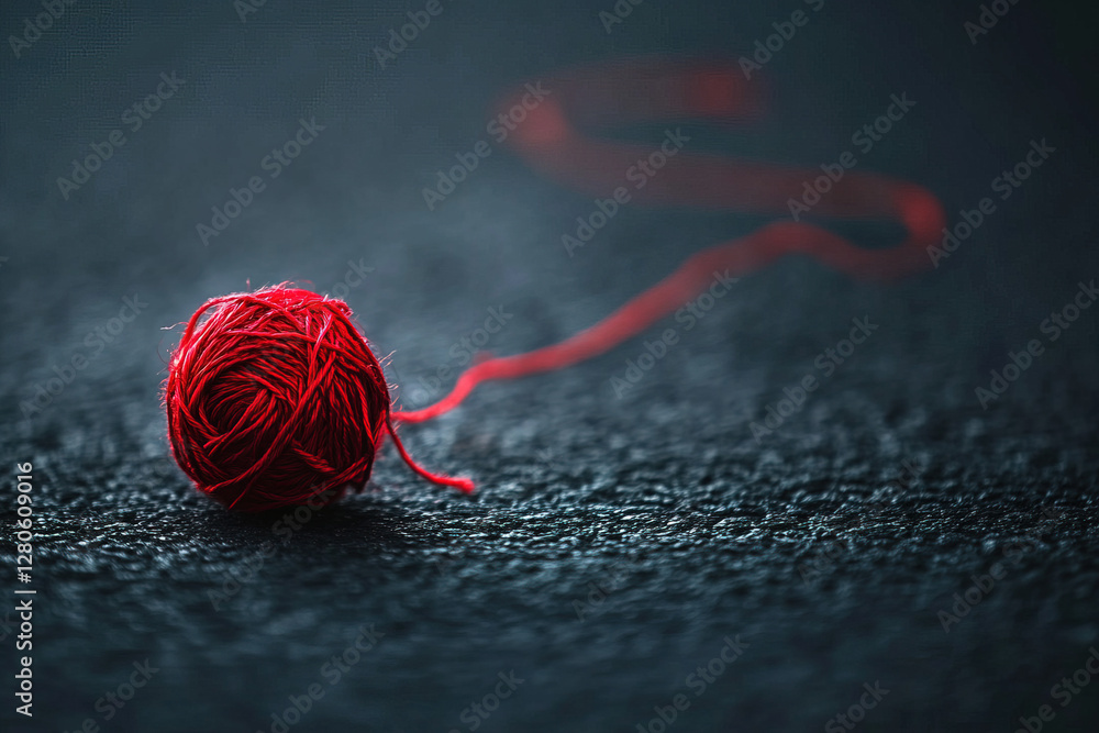 Poster red yarn ball resting on a dark surface with a trailing thread in a minimalist composition
