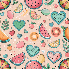 Summer Fruits Pattern: A delightful seamless pattern bursting with a variety of fresh, vibrant fruits and charming heart shapes, evoking feelings of joy, health, and the essence of summer.