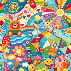 Obraz premium Whimsical Wonderland: A vibrant and imaginative artwork, filled with colorful geometric shapes, friendly characters, rainbows, and whimsical details. Perfect for conveying joy and creativity.