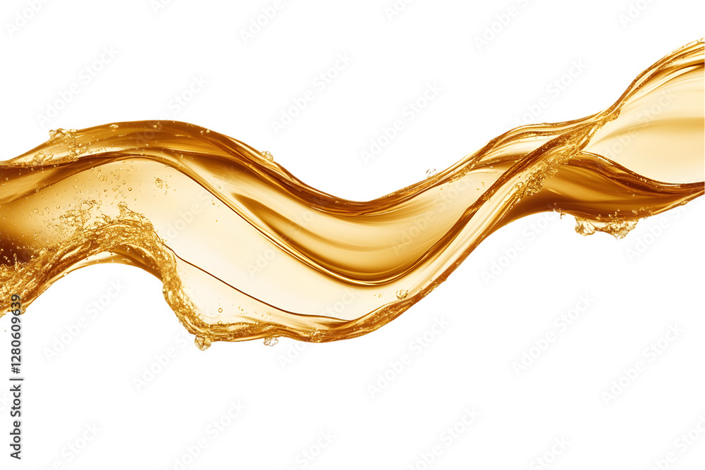 Poster amber liquid flowing dynamically against a transparent background. the liquid's texture and movement
