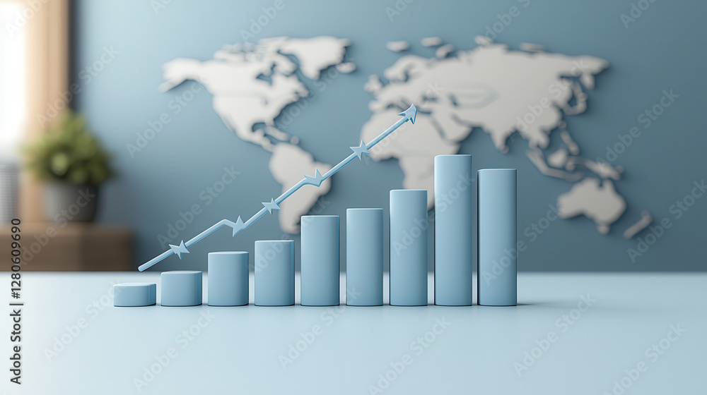 Aufkleber 3d bar chart with soft light blue bars shows smooth upward trend against world map background, symbo