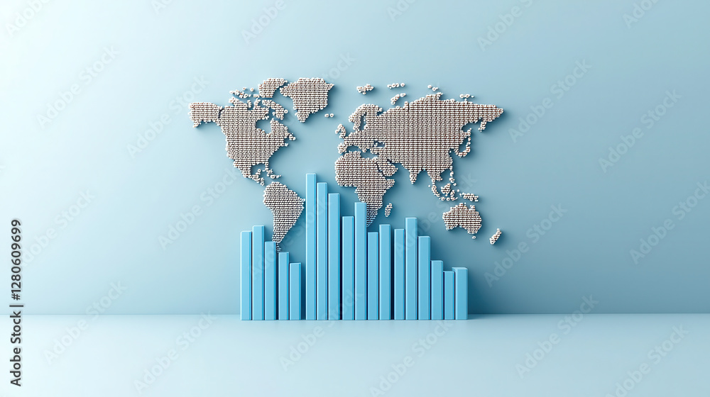 Poster 3D bar chart with soft light blue bars is set against world map background, creating smooth and modern visual representation of global data