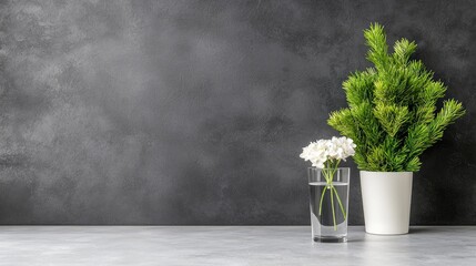 White flowers, green plant, grey background, minimalist home decor