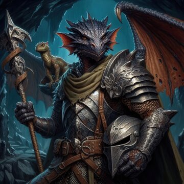 heroic fantasy portrait of a kobold paladin with scaled armor wielding a lance brave warrior in a dragon's cave mystical landscape vibrant colors striking details epic adventure character design high 