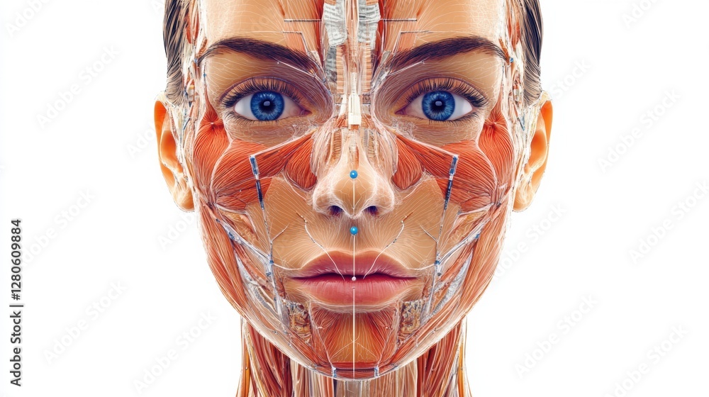 Poster medical illustration displaying botox injection points on a female face with anatomical detail highl