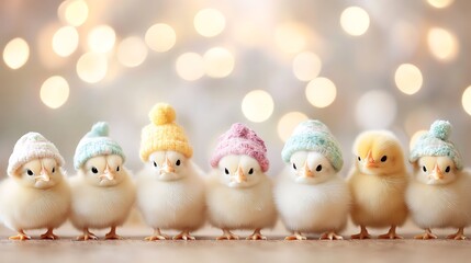 Group of Fluffy Yellow Easter Chicks Wearing Knitted Hats with Bokeh Background