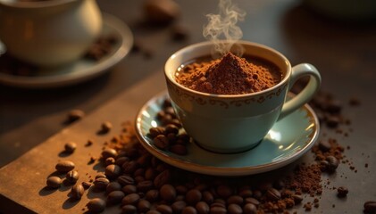 Finely ground coffee in cezve, preparing brew, recipe, traditional, drink