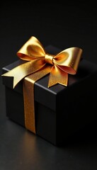 Glittering golden bow tied around a luxurious black box with an air of opulence, opulent, dark, shine