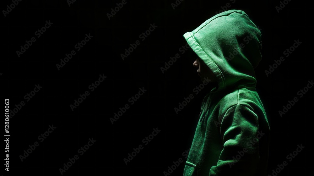 Poster A solitary figure dressed in a dark green hoodie stands in a dimly lit space, creating an enigmatic presence against the backdrop of shadows. The atmosphere is charged with introspection and mystery