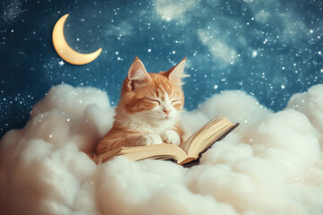 A cat sitting on a fluffy cloud, reading a book with a crescent moon bookmark