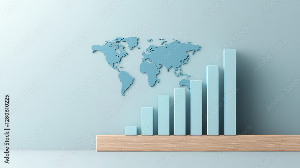 Poster 3D graph with steadily increasing light blue bars is set against world map background, symbolizing global growth and progress