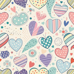 Heartfelt Harmony: A playful and whimsical pattern of various colorful hearts and small cute elements.