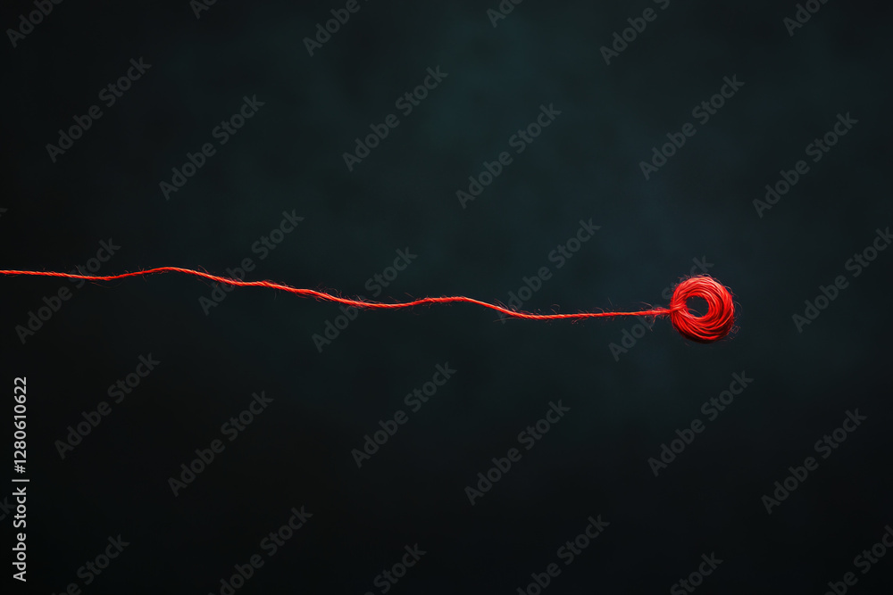 Poster red thread loop suspended against a dark background creating a minimalist visual effect