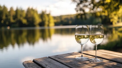 Alcohol consumption at a tranquil lakeside retreat with wine and breathtaking views. Featuring relaxation and nature