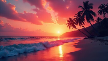 Silhouetted palms at sunset, ocean waves gently lapping shore, serene, horizon, ocean view