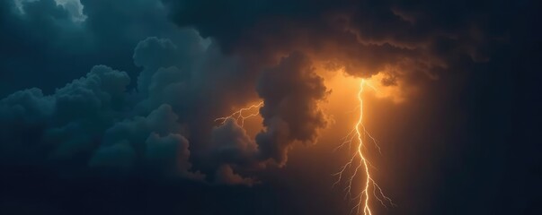 Dark clouds gathering with bright yellow lightning, rainclouds, stormy weather,