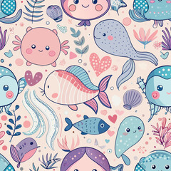 Underwater Wonderland: A whimsical illustration, showcasing a seamless pattern of adorable marine creatures and elements. Delight in the charming aquatic world filled with playful characters, hearts.