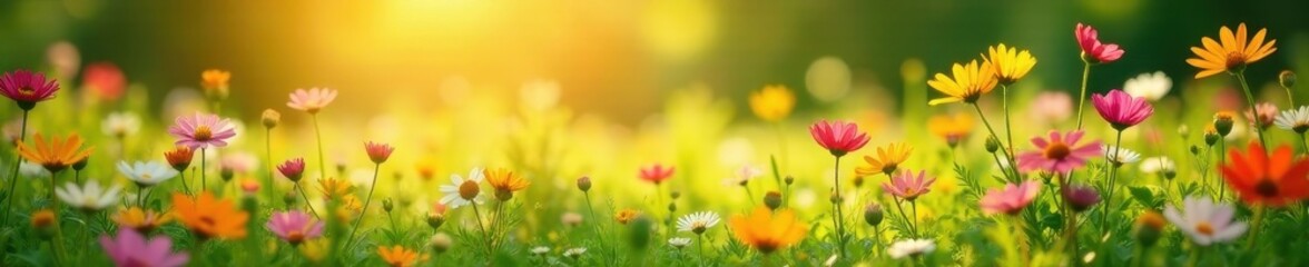 Fototapeta premium Sunlit meadow awash with colorful wildflowers , sunshine, field, outdoor