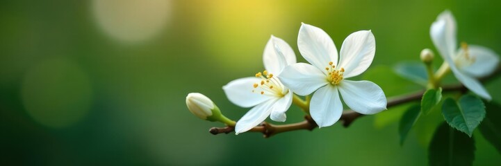 Fototapeta premium Delicate jasmine flowers unfolding on a branch, jasmine flower, stem, garden